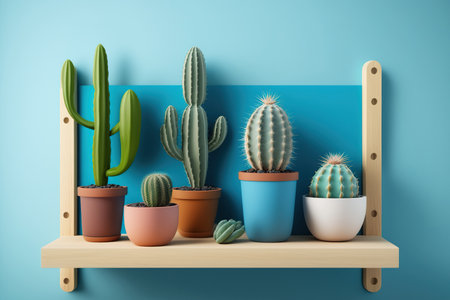 Cactus with a blue backdrop and a wooden shelf that is empty. model for a designの素材