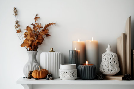 candles on a white wooden shelfの素材