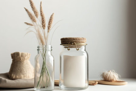 Calendar or reminder mockup on a white tablecloth with a light wall and natural wheat spikelets in a retro vase bottle. retro minimalist interior design for a homeの素材