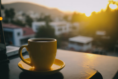 a close-up of a yellow coffee cup on a cafÃ© balcony with a blurred sunset city skyline in the backdrop, a cafe with a view in Vietnams Dalat, Morning brake time with a coffee mug and a hazy cityscapeの素材