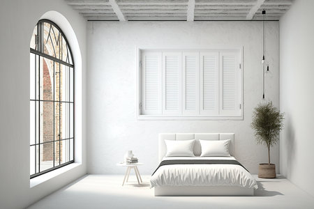architectural design concept idea mockup template with blank background and copy space, external plaster wall with white window and shutters, and interior bedroom with a double bedの素材