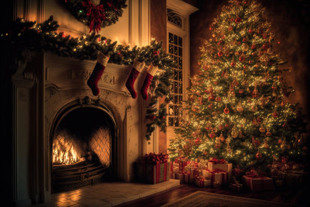 Christmas decorations inside a magical tree, a fireplace, and presentsの素材