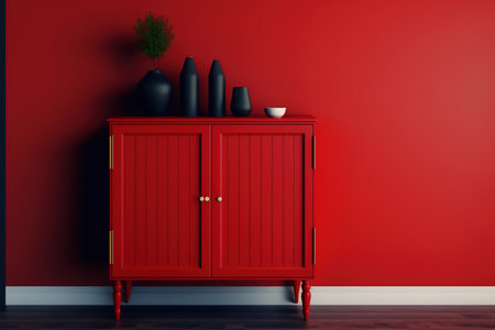 cabinet on a wooden floor and a red background in an interior design for a living room or reception,の素材