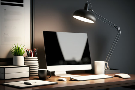 A close-up of a home office space featuring a computer, a lamp, decorations, and copy space on a tableの素材