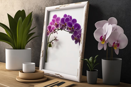 Close up of a faux poster frame on a table and a purple phalaenopsis orchid in a potの素材