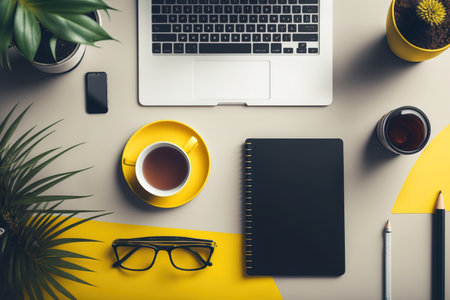 A close-up of a modern, creative desk that has a coffee cup, supplies, a laptop with an empty screen, and other items. occupation and conceptual design. a mockupの素材