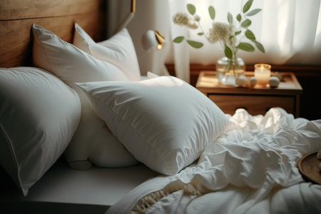 Close up messy white sheet and pillows on wood bed in bedroom interiorの素材