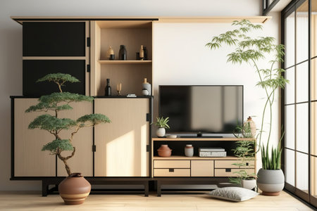 Japanese living room cabinet on white wall,の素材
