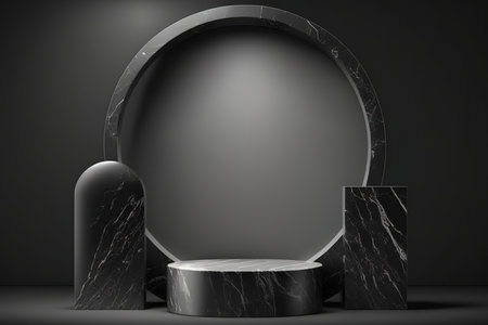 pedestal made of black stone and marble on a dark background. staged demonstration for a new product, promotion, sale, banner, presentation, or cosmetic in a concept environmentの素材