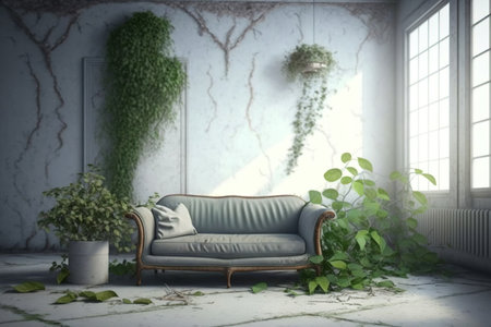 background of a soiled, abandoned, pre-apocalyptic chamber with plants growing through the wallsの素材