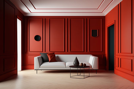 Mockup classic red wall interior. Floor parquet. Digital illustrationの素材