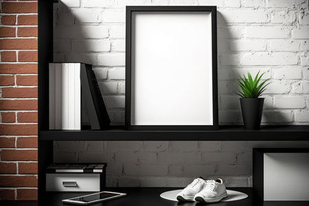 Mockup poster with black frame on white shelf in brick room. Advertisingの素材