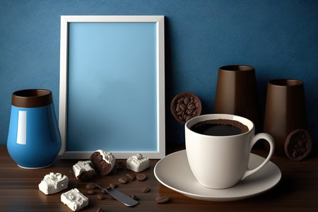 mock-up poster, candles and coffee mug on the table, blue wall, interior designの素材