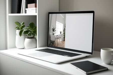Mock up white laptop screen standing on a white table in a gray home office interior. Concept of a comfortable workplace and advertisementの素材