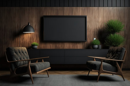 Mockup a TV wall mounted with armchair in a dark room with a dark wood wallの素材