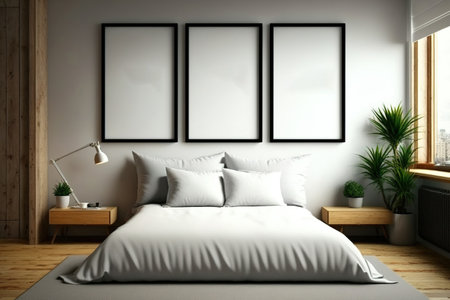Above-bed canvas mockup of three posters with pillows, carpet, and parquet flooring. city view from a wooden bedroom with no peopleの素材