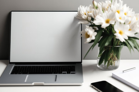 Mockup desktop featuring a contemporary silver notebook and a white screen. a notepad and flowers are used to decorate a home officeの素材
