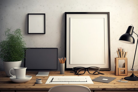 Mockup: Workspace poster or photo frame and materials on table hipster minimalism loft desk area, copy spaceの素材