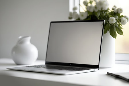 Mockup of a laptop with a blank screen on a white computer desk in a room with a bokeh blurred interiorの素材