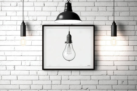 Mock up posters on white brick wall with lamp. illustrationの素材
