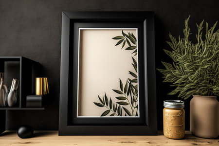 Mockup of a passe-partout-adorned black picture frame perched on a wooden shelfの素材