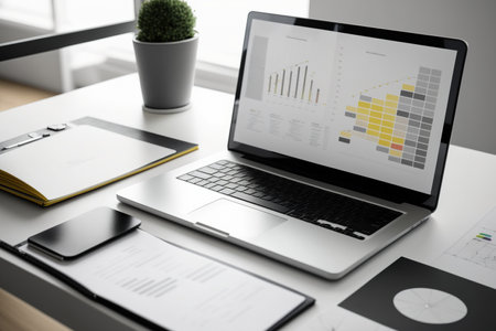 Mockup laptop with blank screen on white table with calculator and graph chart paperwork. Office or home settingの素材
