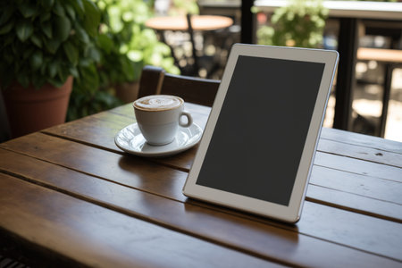 Mockup of a device with a white blank screen on a wooden table in a cafeの素材