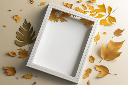 Prototype empty frame on light background with scattered autumn foliageの素材