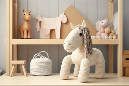 Mockup by the playground. a wooden horse and knitted toys. The nursery has a beige color scheme insideの素材
