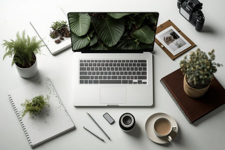 Laptop mockup with office equipment on white tableの素材