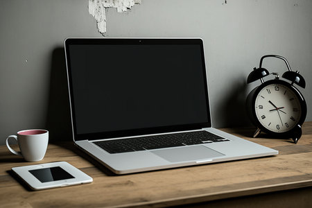 Mockup laptop with a black screen and supple on a background of a cement wall and wooden tableの素材
