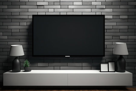 Mockup of a smart television mounted on the wallの素材