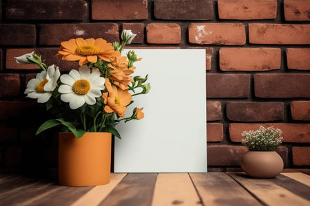 Mockup flower on top of a wooden table with a brick wall orange backgroundの素材
