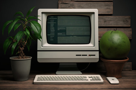 Mockup lalptop computer with blank screen, camera, apple, book and houseplant on wooden table, black wall background with stickynoteの素材