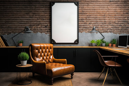 Frame mockup in a modern industrial area with leather furniture, a luxury officeの素材