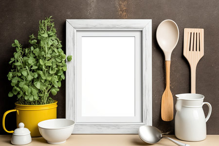 A4 silver frame, porcelain plates, and wooden kitchen utensils are included in this mockup designの素材