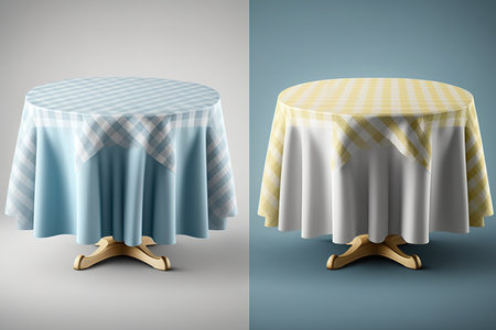 Empty circular table with three-color plaid tablecloth. Alone on Whiteの素材