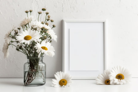 Mockup with a white frame and white daisies in a vase on a light backgroundの素材