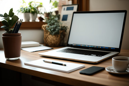 Laptop monitor mockup with pen on white paper and selection markerの素材
