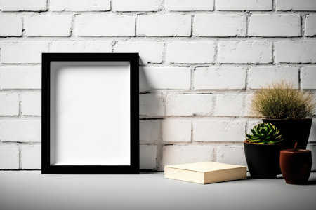 Mockup photo frame. White square picture with black frame mockup on concrete shelf and white brick wall background with copy spaceの素材