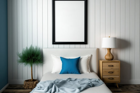 Mockup of a poster with a vertical frame on a blank wall in a bedroomの素材