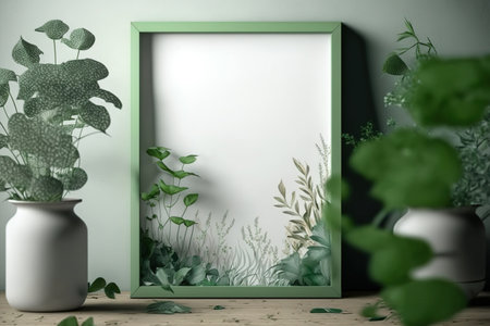 Mockup of a poster with a wooden frame in a light green insideの素材