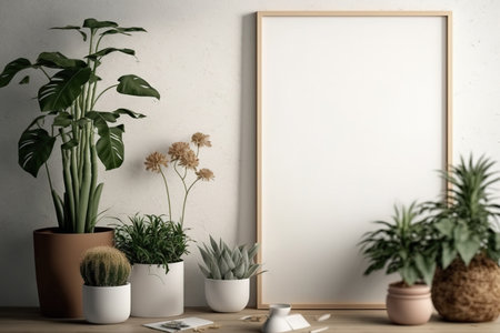 Poster frame mockup in a minimalist environment with a plant, in the Scandinavian designの素材