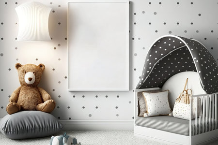 Mockup poster on the wall of a chic nursery with a crib with pillows and a dot patterned paper bagの素材
