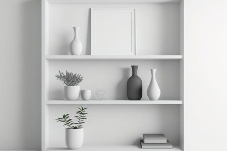 Mockup of the plain inside shelves in a white living roomの素材