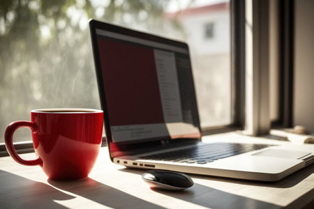 Mockup of a laptop computer and a red cup of steaming coffee on a wooden table in the early sunlightの素材