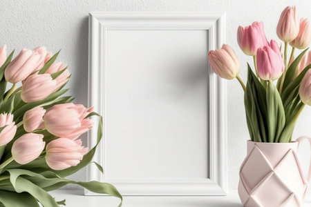 Mockup with pink tulips in a vase and a white frame on a light backgroundの素材