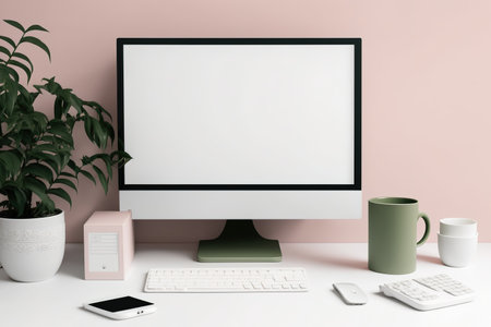 Mockup of a white desktop with a pinkish wall, electronics, office supplies, a cup of tea, a copybook, and a pretty green plant. minimalist workplace for students or independent contractorsの素材