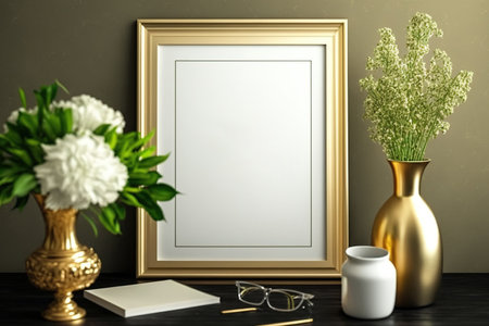 Mockup of a gold frame with a vase and other decorative items. Make a mockup of your image or text. Put your work hereの素材