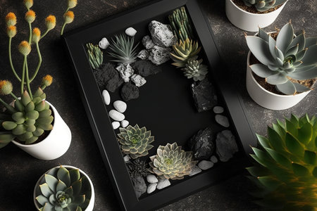 Picture frame mockup on modern black table. Cactus, succulents, tulips, and decorative rocks. Aboveの素材